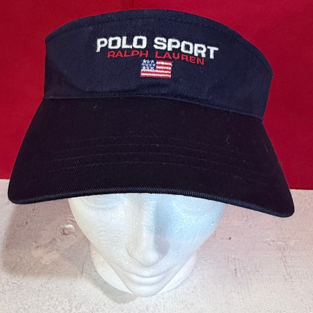Vintage Polo Sport Ralph Lauren Navy Blue Sun Visor Hat American Flag USA Logo